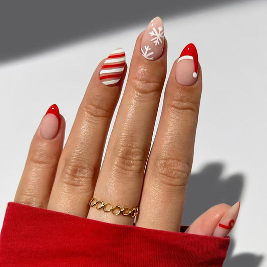 Festive Cheer Premium Short Almond Red and White Gradient with Playful Holiday Designs Press On Nail Set