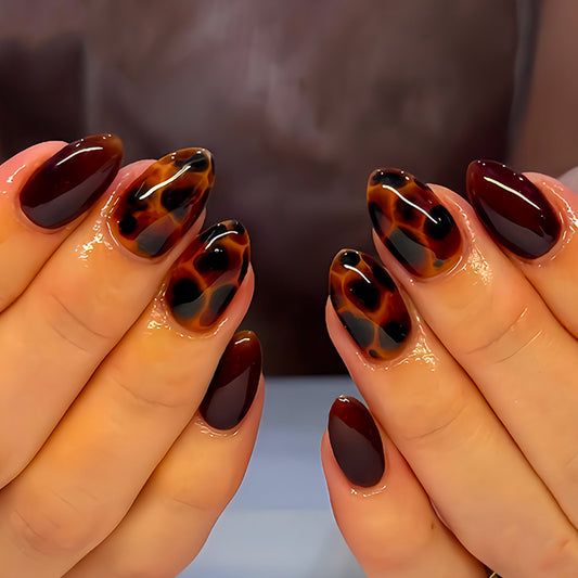 Sleek Serengeti Inspired Medium Almond Tortoiseshell Gradient Press On Nail Set with Glossy Finish