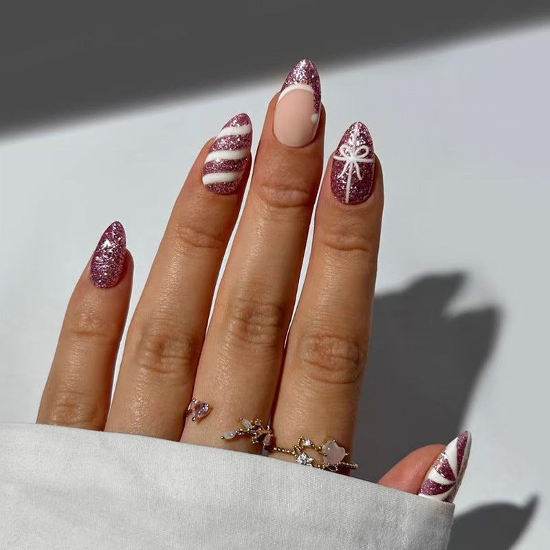 Glamorous Celebration Short Almond Pink and Glittery with Elegant Ribbon Design Press On Nail Set
