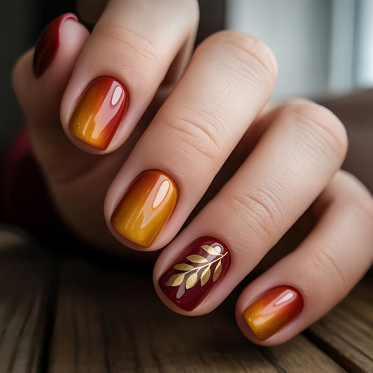 Autumn Elegance Short Square Burgundy and Sunrise Ombre with Gold Leaf Design Press On Nail Set