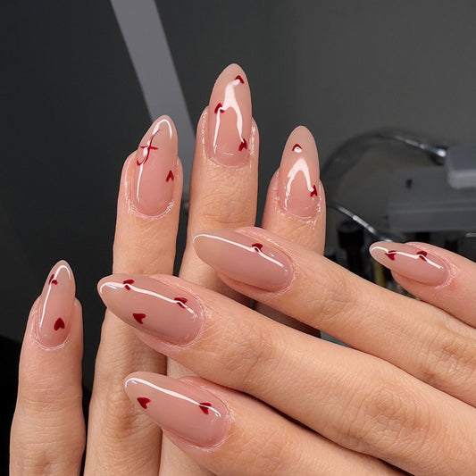 Romantic Heartfelt Medium Almond Shaped Blush Pink Press On Nail Set with Delicate Red Heart Accents