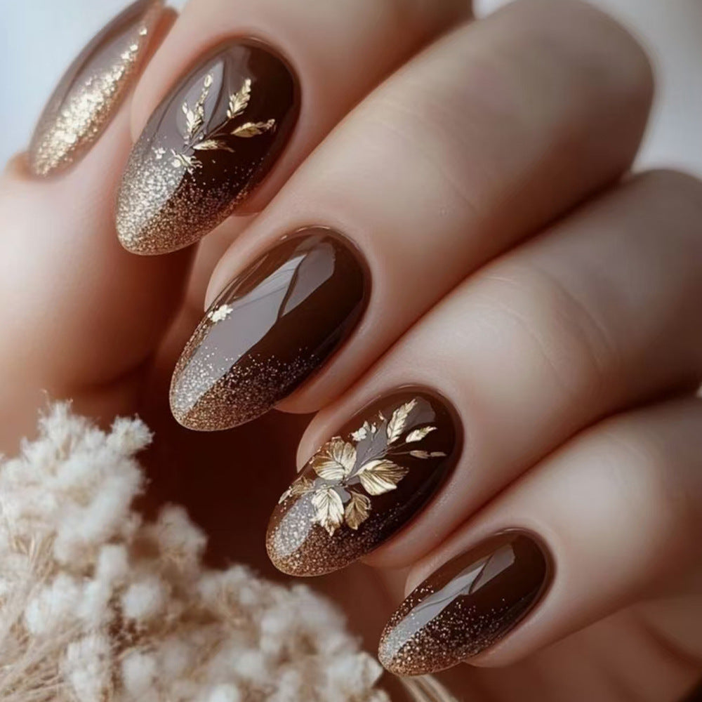 Gilded Autumn Elegance Medium Almond Brown Gradient Nails with Delicate Gold Leaf Accents