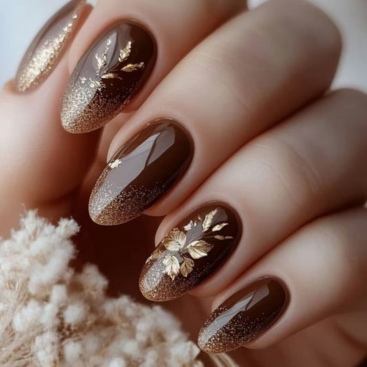 Gilded Autumn Elegance Medium Almond Brown Gradient Nails with Delicate Gold Leaf Accents