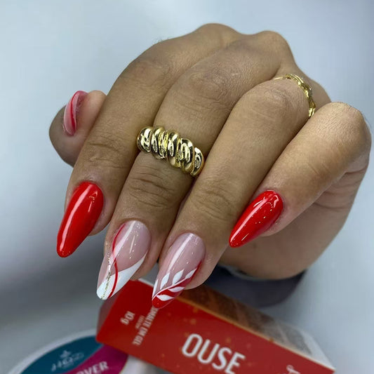 Festive Glamour Medium Almond Red and Pink Gradient Nails with Elegant Accent Design