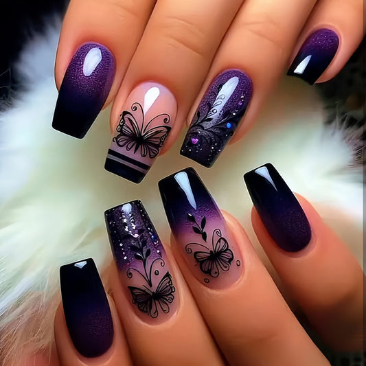 Mystical Butterfly Dream Long Coffin Purple Ombre Nail Art Set with Intricate Floral Designs