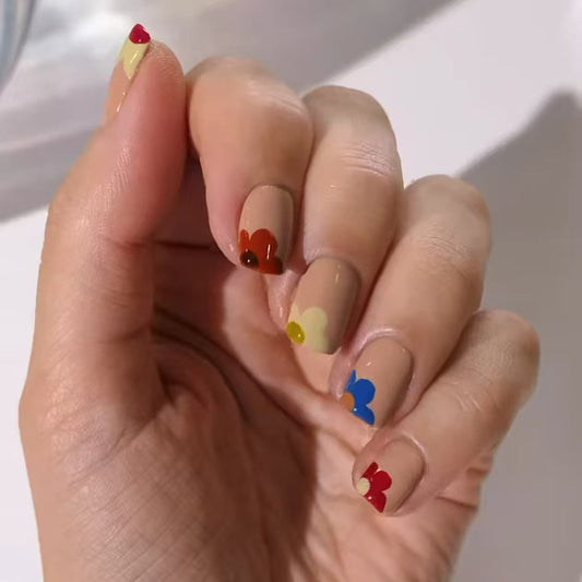 Blossom Fantasy Short Square Beige with Colorful Floral Accents Press On Nail Set