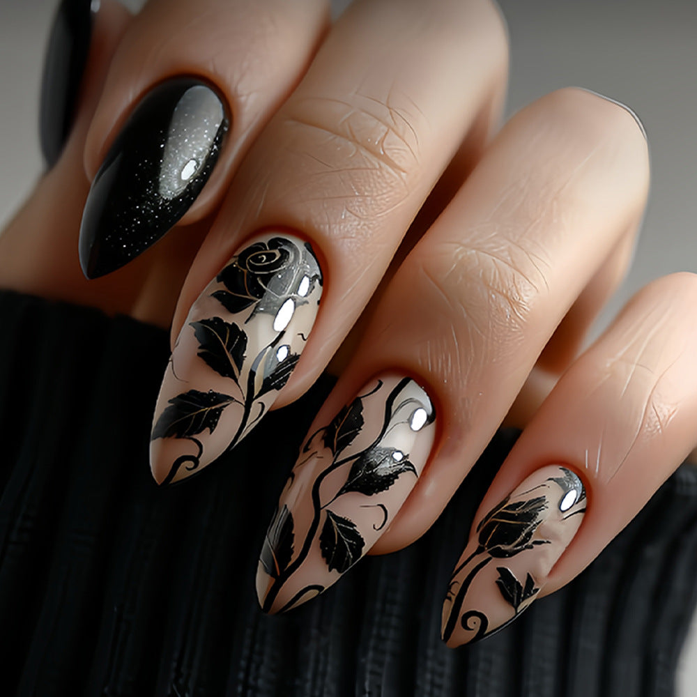 Enchanted Garden Long Stiletto Black and Clear Press-On Nail Set with Elegant Floral Designs