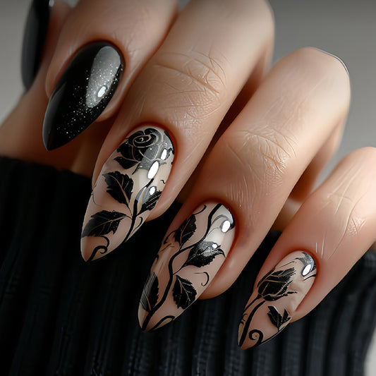 Enchanted Garden Long Stiletto Black and Clear Press-On Nail Set with Elegant Floral Designs