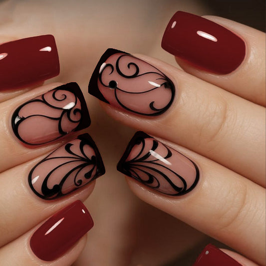 Elegance Unleashed Short Square Burgundy Nails with Intricate Black Swirl Design