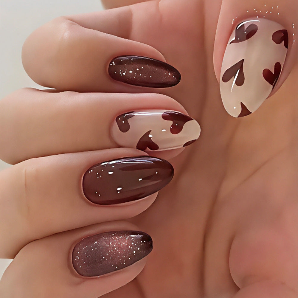 Romantic Heart Inspired Medium Almond Shaped Deep Brown and Soft Beige Press on Nail Set with Glitter Accents