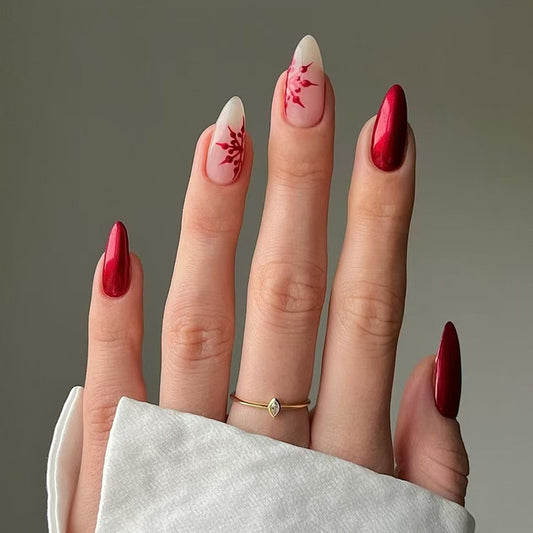 Elegant Floral Fantasy Medium Almond Red and White Press On Nail Set with Stunning Art Design