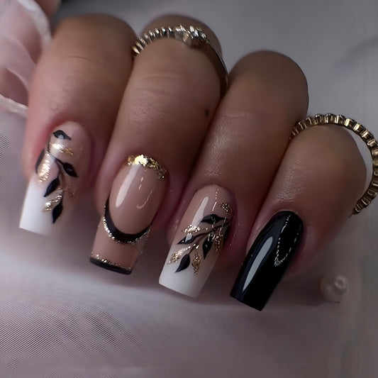 Elegant Blossom Long Square Elegant Black White Beige with Gold Leaf Accents Press On Nail Set