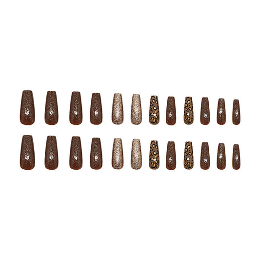 Savannah Glamour Medium Coffin Brown with Sparkle and Leopard Accent Press-On Nail Set