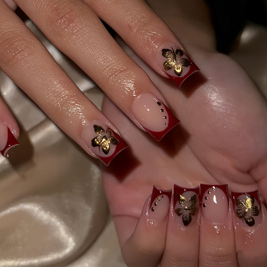 Bohemian Beauty Medium Square Red and Beige Press On Nail Set with Gold Butterfly Accents