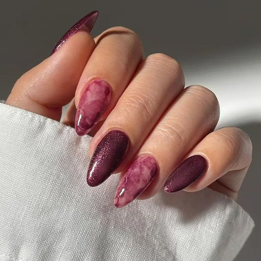 Mystical Elegance Short Almond Purple Ombre Glossy Press On Nail Set