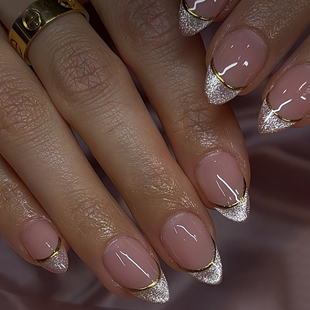 Glamorous Elegance Short Almond Pink with Glittering Gold Tip Nail Set