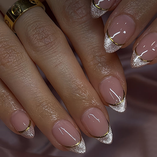 Glamorous Elegance Short Almond Pink with Glittering Gold Tip Nail Set
