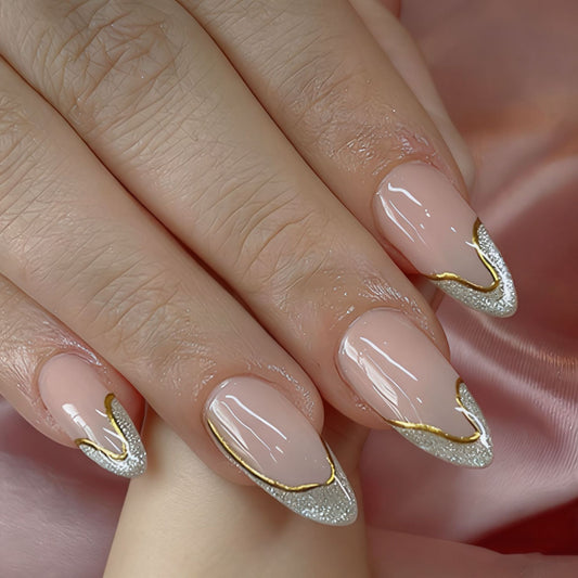 Glamorous Elegance Medium Almond Blush Pink with Intricate Gold and Silver Trim Press on Nail Set