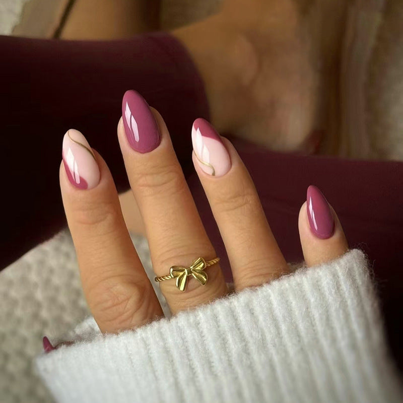 Chic Elegance Short Almond Burgundy and Beige Ombre Press-On Nail Set with Gold Accent Design