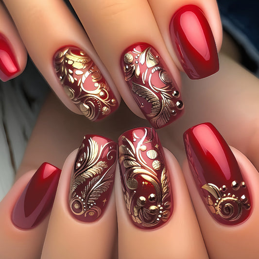 Elegant Autumn Vibes Medium Square Burgundy Press On Nail Set with Gold Floral Design