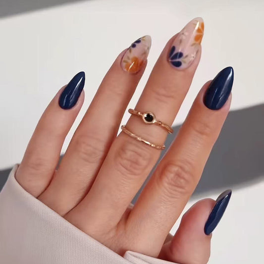 Bohemian Dream Short Almond Blue and Floral Clear Press-On Nail Set