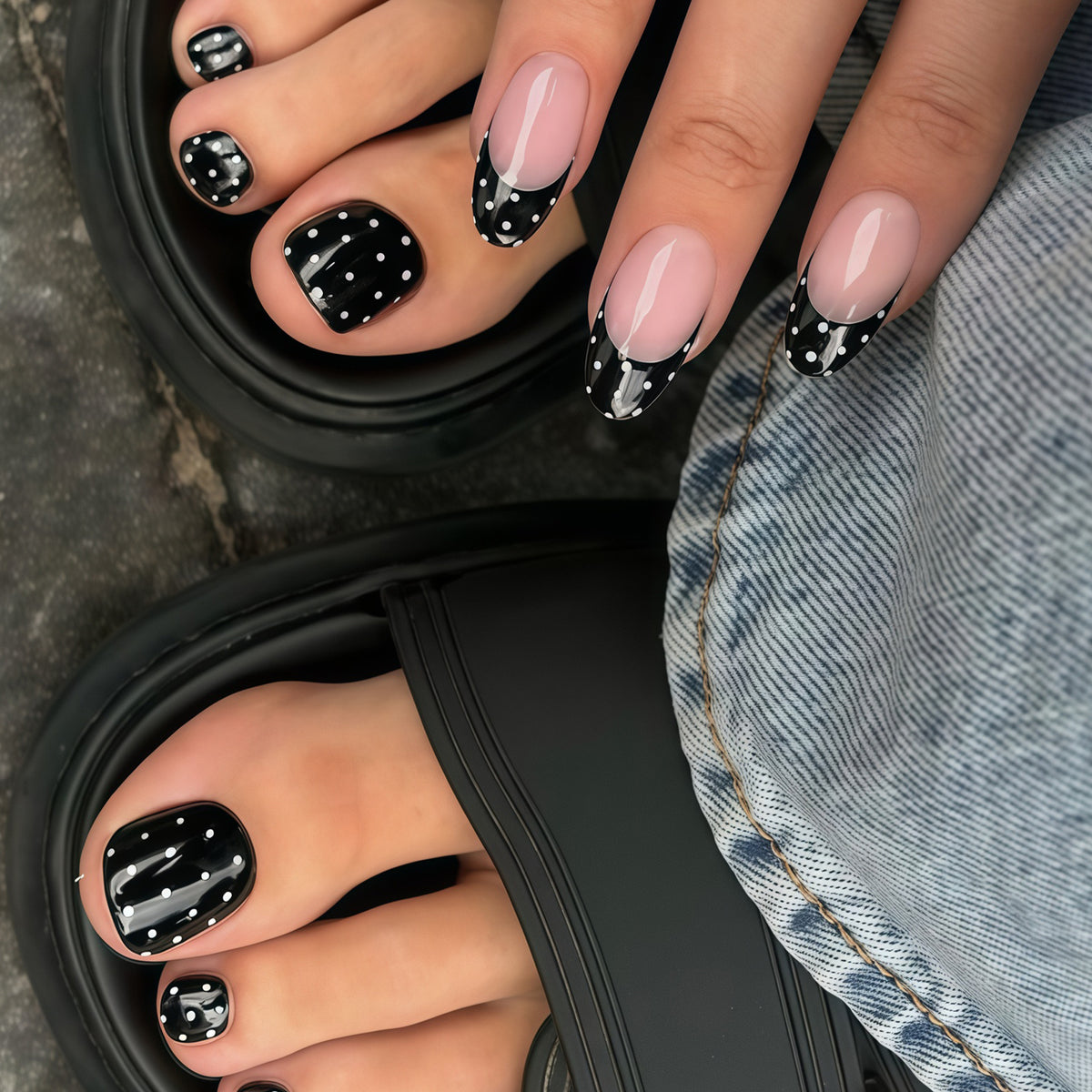 Stylish Black and White Medium Almond Nail Press Set with Unique Dot Design