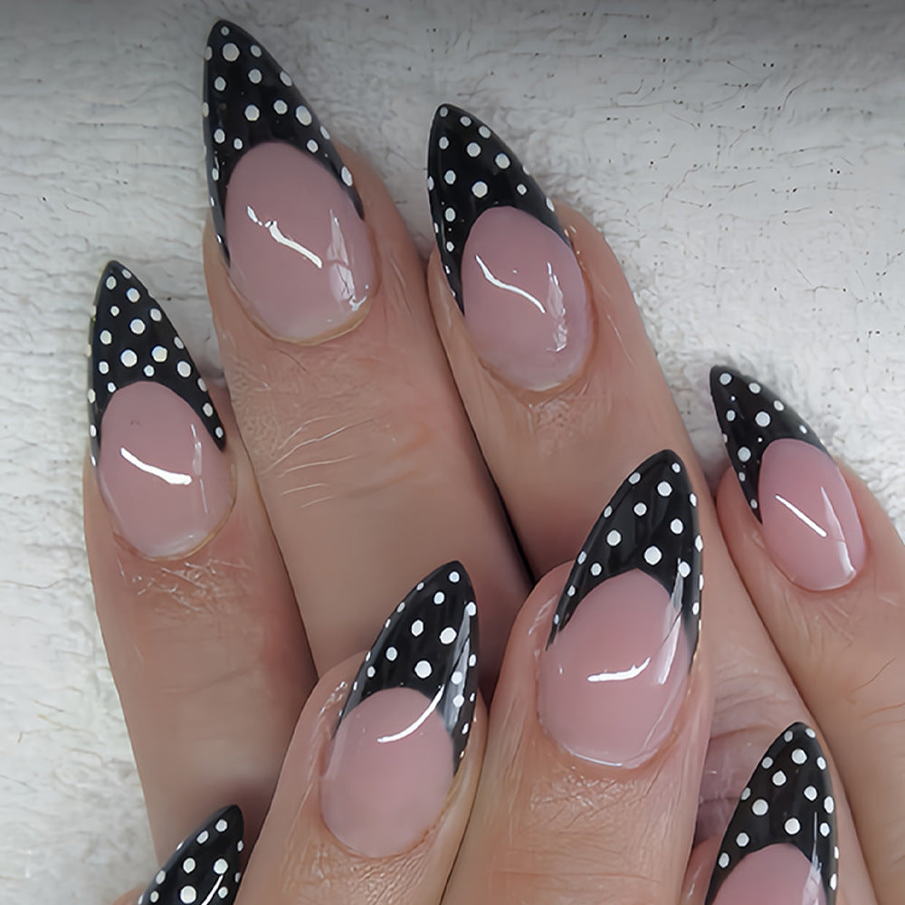 Chic Polka Dot Glamour Long Almond Black and Cream Elegant Design Press On Nail Set
