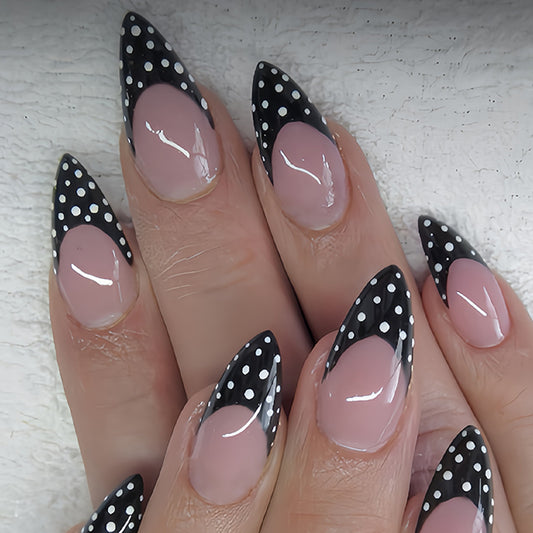 Chic Polka Dot Glamour Long Almond Black and Cream Elegant Design Press On Nail Set