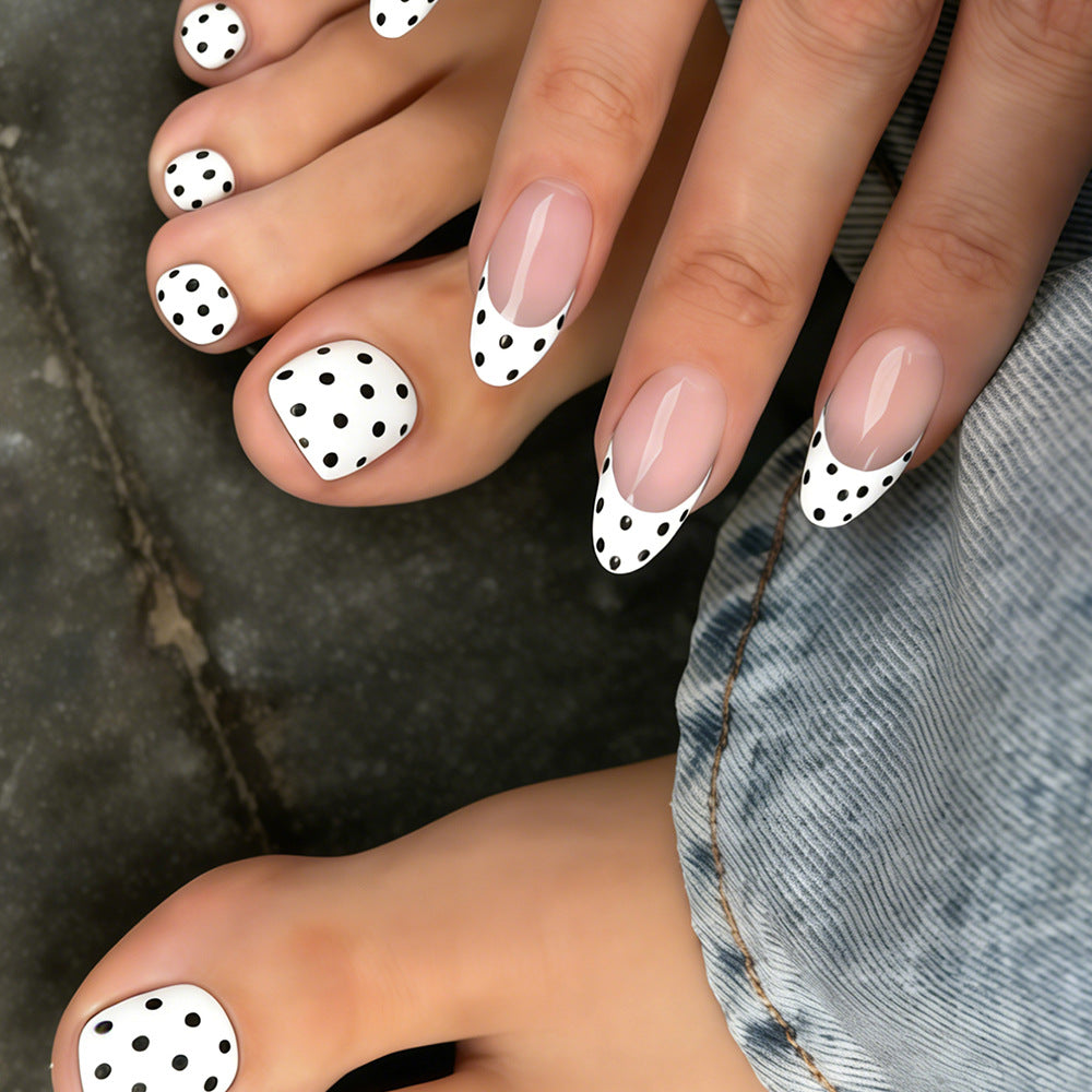 Classic Chic Medium Almond Black Polka Dot Tip Press on Nail Set
