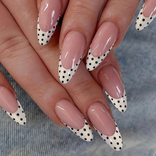 Chic Polka Dot Medium Almond Pink and White Nail Set