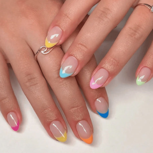 Chic Summer Vibes Short Almond Multicolor Ombre Nail Set with Eye-Catching French Tips