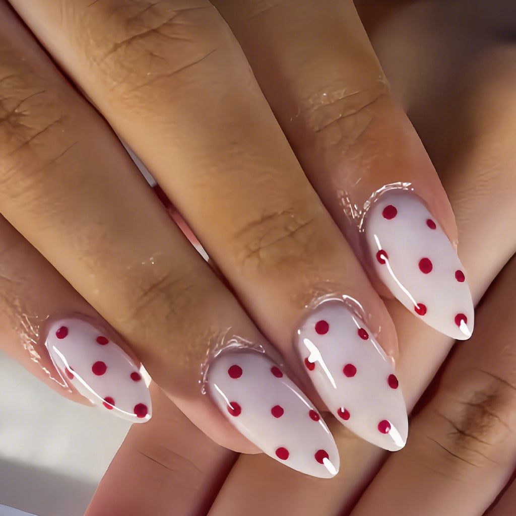 Charming Dots Long Almond Shaped White with Red Polka Dots Glossy Press On Nail Set