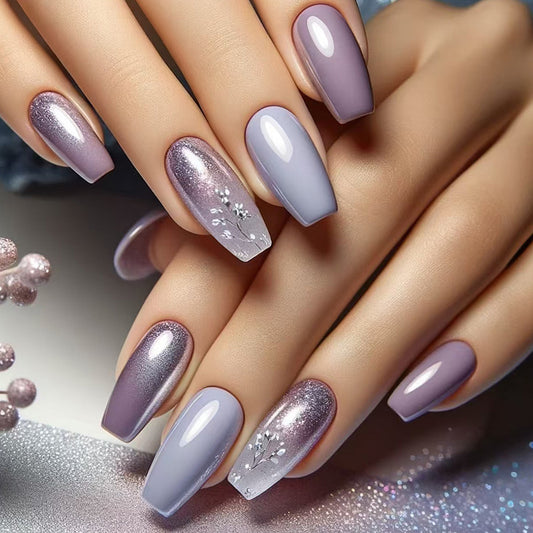 Elegant Twilight Press On Nail Set in Medium Length Coffin Shape with Charming Lavender Ombre and Sparkling Floral Accents