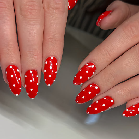 Whimsical Polka Dot Red Long Almond Press On Nail Set with Glossy Finish