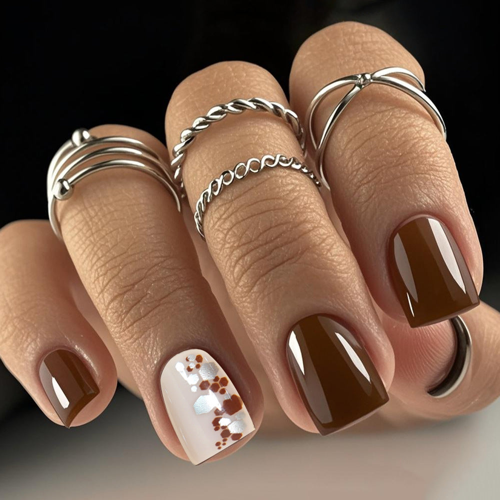 Autumn Elegance Glossy Short Square Brown and White Floral Accent Press-On Nail Set