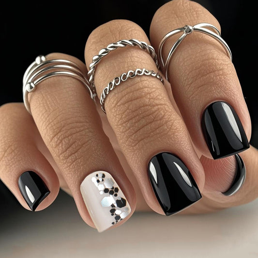 Chic Elegance Press On Nail Set Short Square Black and White with Dazzling Glitter Accent