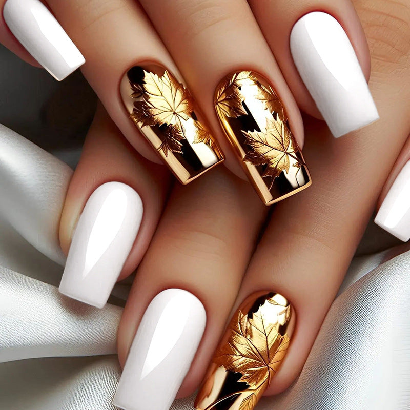 Gilded Autumn Elegance Medium Square White and Gold Leaf Press-On Nail Set with Shiny Finish