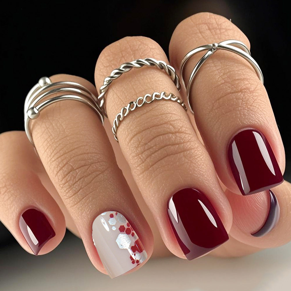 Glamorous Autumn Vibes Short Square Deep Burgundy with Glitter Accents Press on Nail Set