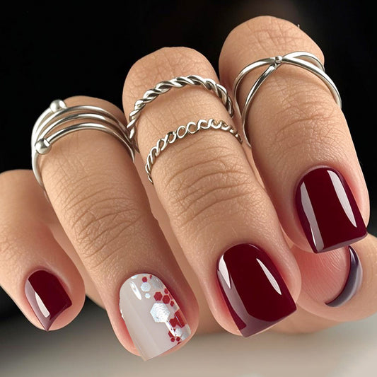 Glamorous Autumn Vibes Short Square Deep Burgundy with Glitter Accents Press on Nail Set