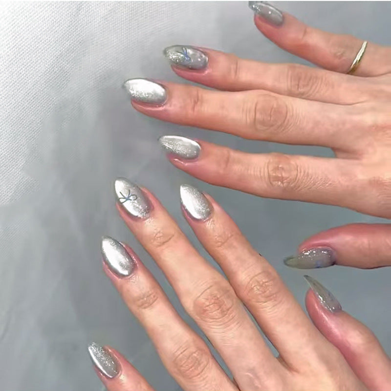 Celestial Glamour Silver Short Almond Shaped Press On Nail Set with Iridescent Detail