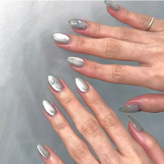 Celestial Glamour Silver Short Almond Shaped Press On Nail Set with Iridescent Detail