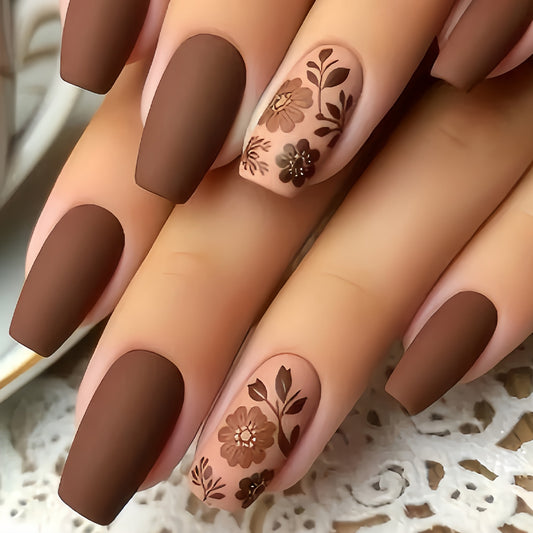 Autumn Elegance Long Coffin Brown Nail Set with Floral Matte Accent