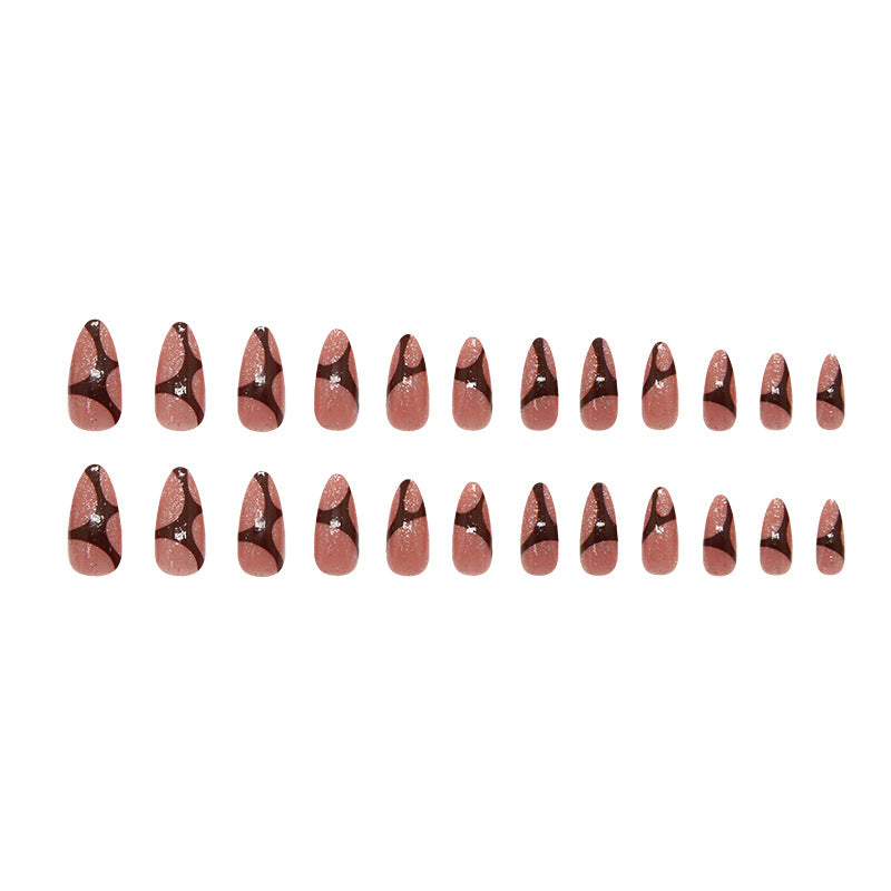 Glamorous Elegance Blush Short Almond Shaped Glittering Brown Press On Nail Set with Dazzling Accent Gems