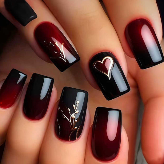 Gothic Elegance Short Square Burgundy and Black Press On Nail Set with Gold Accent Design