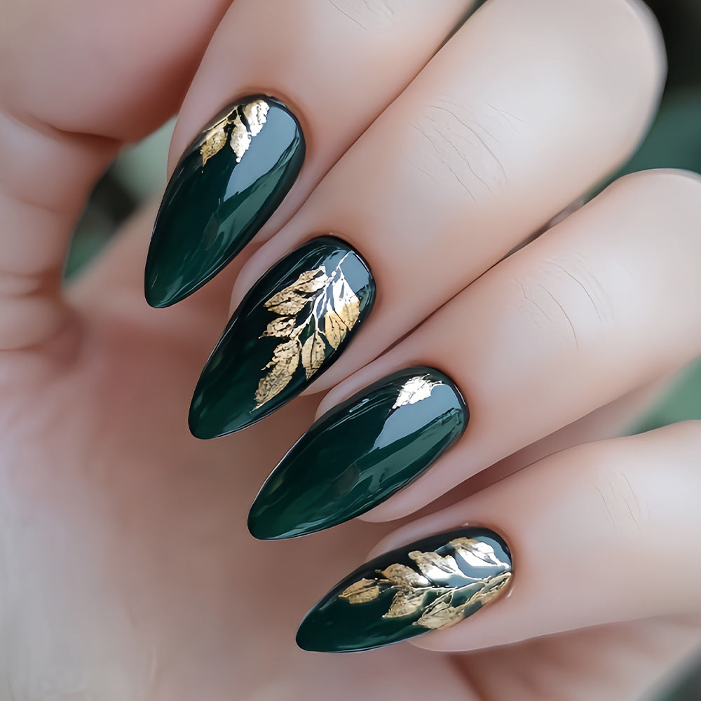Enchanted Forest Elegant Long Almond Green Press On Nail Set with Delicate Gold Leaf Accents