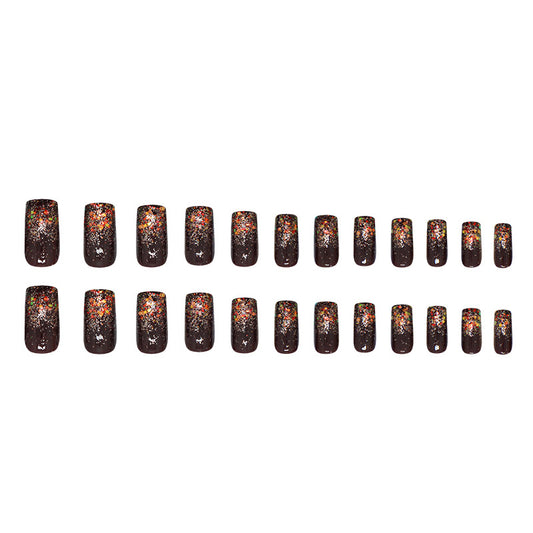 Cosmic Aurora Medium Square Dark Brown Press-On Nail Set with Unique Glitter Blend