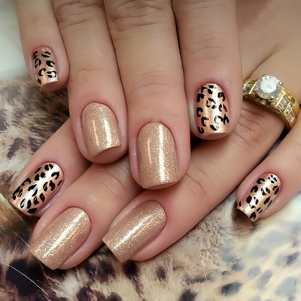 Wild Safari Glamour Elegant Short Square Gold and Stylish Leopard Print Press On Nail Set