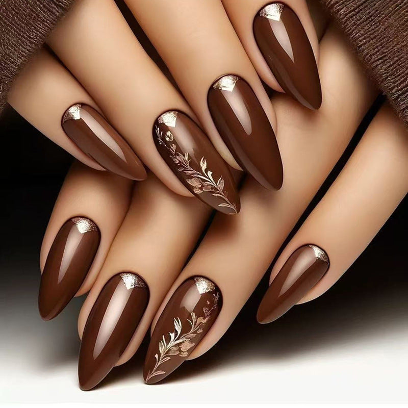 Autumn Elegance Medium Almond Brown Glamour Press On Nails with Floral Accents