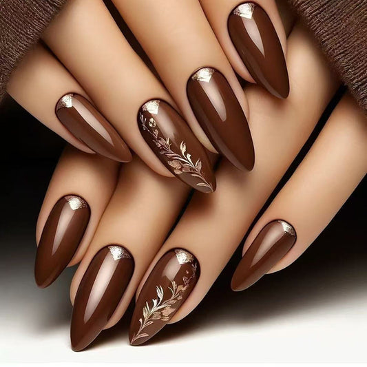 Autumn Elegance Medium Almond Brown Glamour Press On Nails with Floral Accents