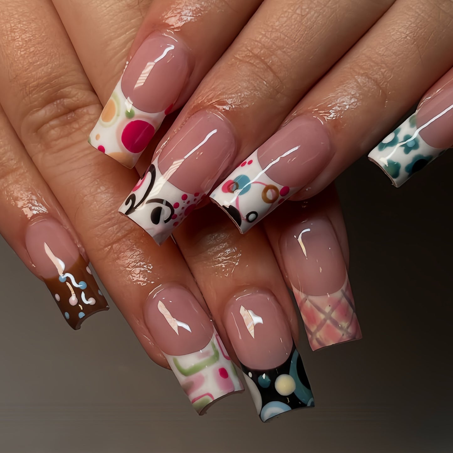 Whimsical Delight Medium Square Colorful Fun Patterned Press On Nail Set
